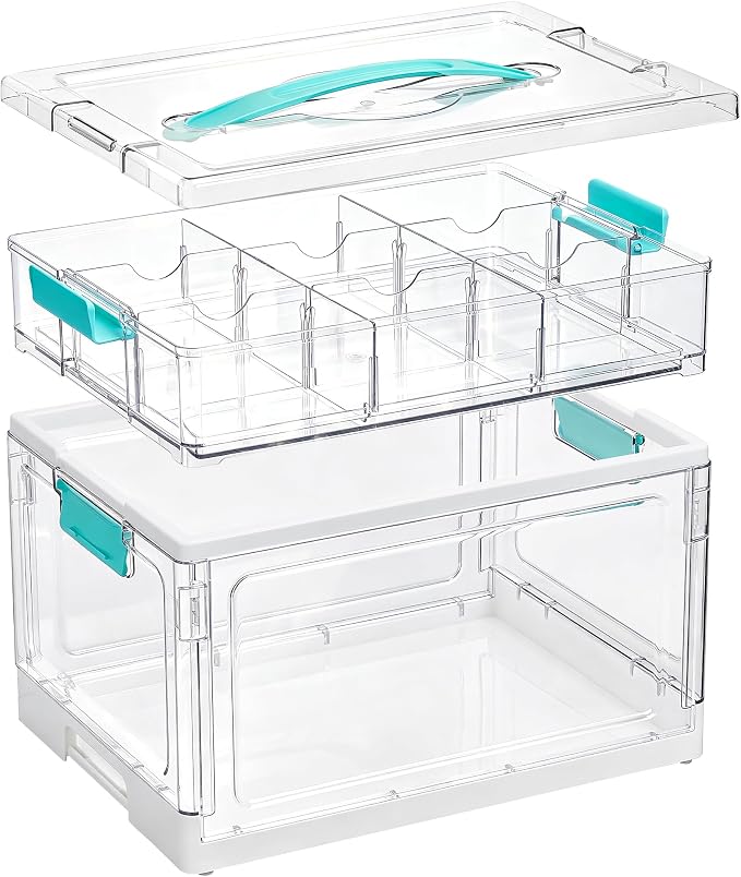 Vtopmart 32 QT Clear Craft Organizer with Removable Divider Tray, 1 Pack | Crystal-Clear PET Material, Built-In Carry Handle, Secure Locking Latches, Vertical Space Saving, 2 Layer Large Capacity