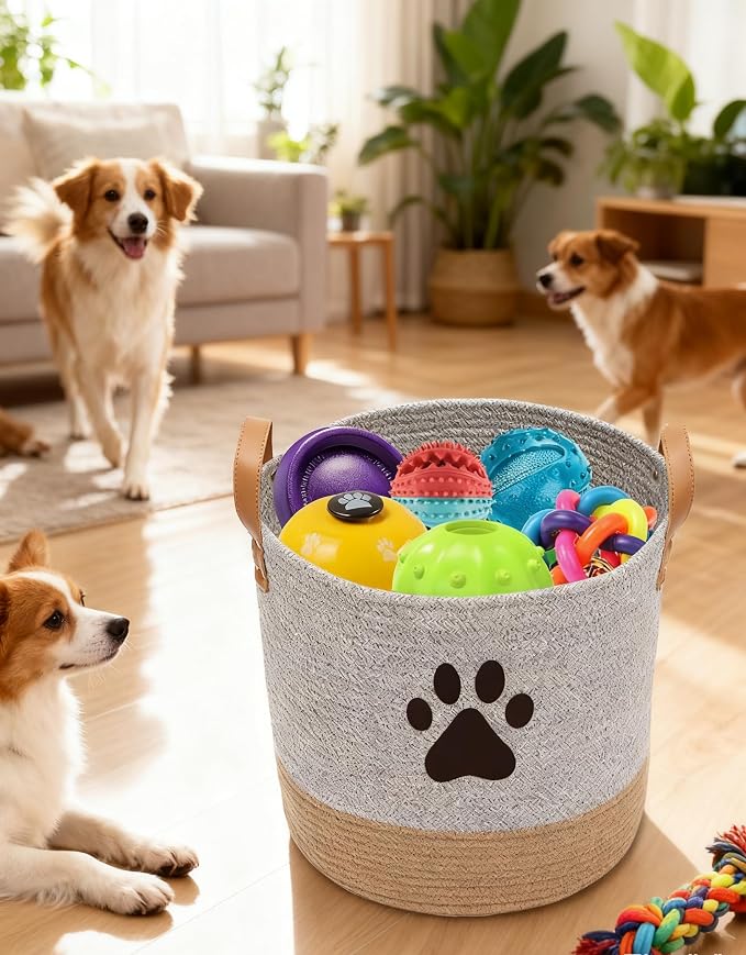 Cotton dog toy basket storage, puppy toy basket, puppy bins, laundry basket blanket storage bin - Perfect for organizing pet toys, blankets, leashes, pee mats and diapers - Graykhaki