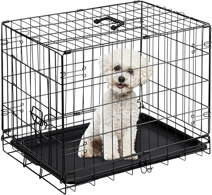 DUMOS Dog Crate 24 Inch, Foldable Puppy Small Dog Cage Pet Kennel | Single Door Metal Wire, Plastic Leak-Proof Pan Tray, Portable Indoor Outdoor Training Travel