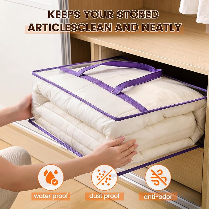 6 Pack 40L Clear Storage Bags with Zipper Large Opening for Loading | Purple Storage Bag for Blankets and Clothes, Large Capacity Closet Organizers and Storage for Dormitory, Bedroom