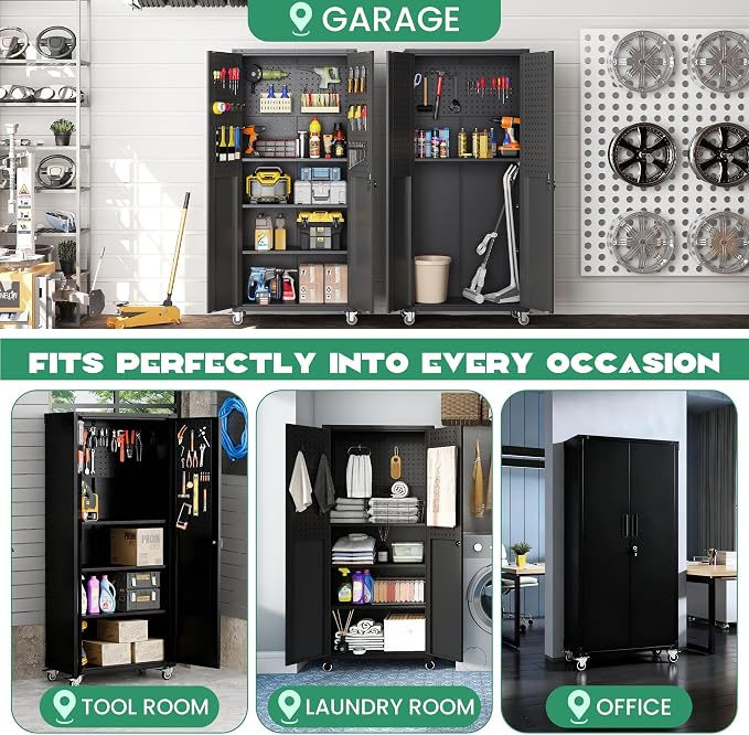 Rolling Tool Cabinet with Pegboard, 71" Tool Cabinets with 3 Adjustable Shelves for Garage, Tool Room, Assembly Required(Black)