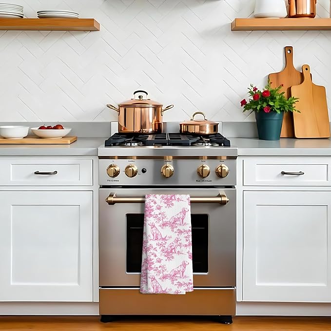 Nipi Pink Chinoiserie Golden Retriever Kitchen Towels, Pink Floral Golden Retriever Decorative Dish Tea Towels, Grandmillennial Botanical Dog Hand Towels for Kitchen Bathroom, 16x24 Inch