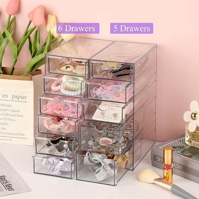 Hipiwe 5-Drawers Plastic Storage Organizer Clear Hair Accessories Organizer | Large Capacity Drawers Box for Bathroom, Dresser, Cosmetic Hair Tie Container for Women