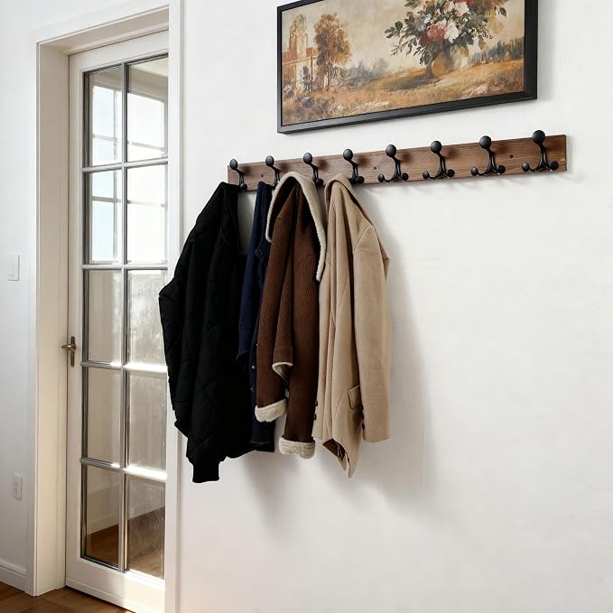 SKOLOO 43-Inch Wood Coat Rack Wall Mount with 8 Triple Hooks - Ideal for Family Entrances, Classrooms, and Pet Supplies Storage - Perfect Coat Hooks for Wall,Charred Golden Brown