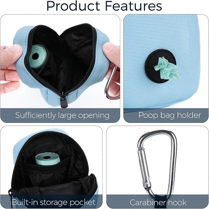 Dog Treat Pouch for Training, Portable Dog Walking Bag Built in Poop Dispenser, Pocket Sized Pet Pouches, Doggie Puppy Snack Rewards Bag, Treat Carrier Holder with Clip (Blue)