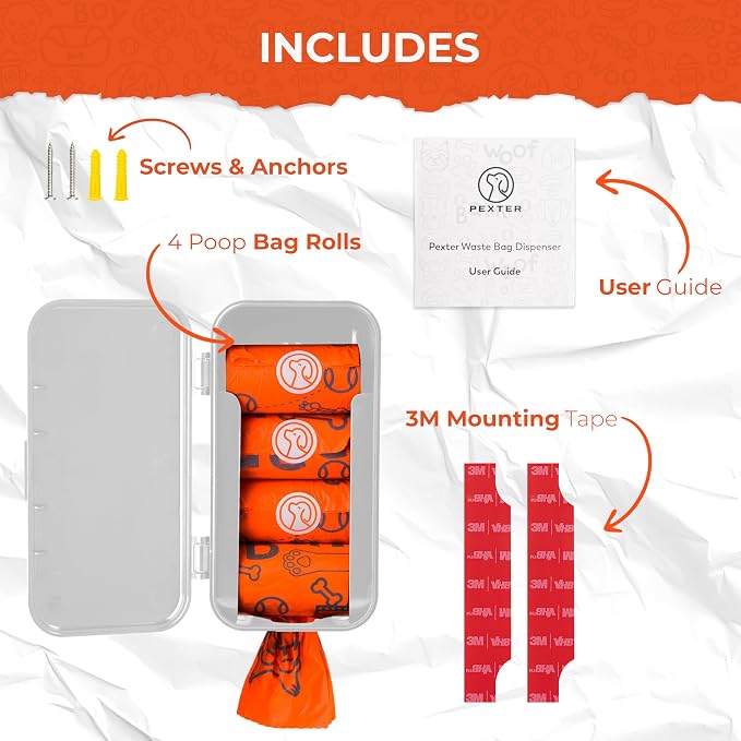 PEXTER Dog Poop Bag Dispenser - Outdoor or Indoor Pet Waste Bag Dispenser Station - Stick-On or Screw-On Wall Mount - Poop Bags Storage Outdoor Container - Includes 4 Doggie Bag Rolls (Gray)