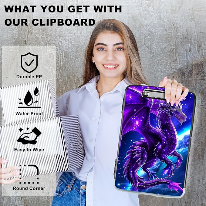 Purple Planet Dragon A4 Clipboard with Storage Pen Holder, Clipboards Organizer Nursing Clipboard Foldable File Folder Plastic Clipboard Folio Clip Board for Office Students Classroom