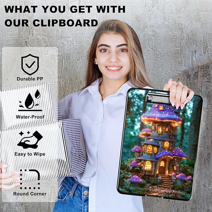 Heavy Duty Storage Clipboard, Slim Nursing Clipboard with Internal Pen Case, Portable File Organizer Case for A4 Letter Size Paper Office Medical Professionals, Purple Mushroom Castle
