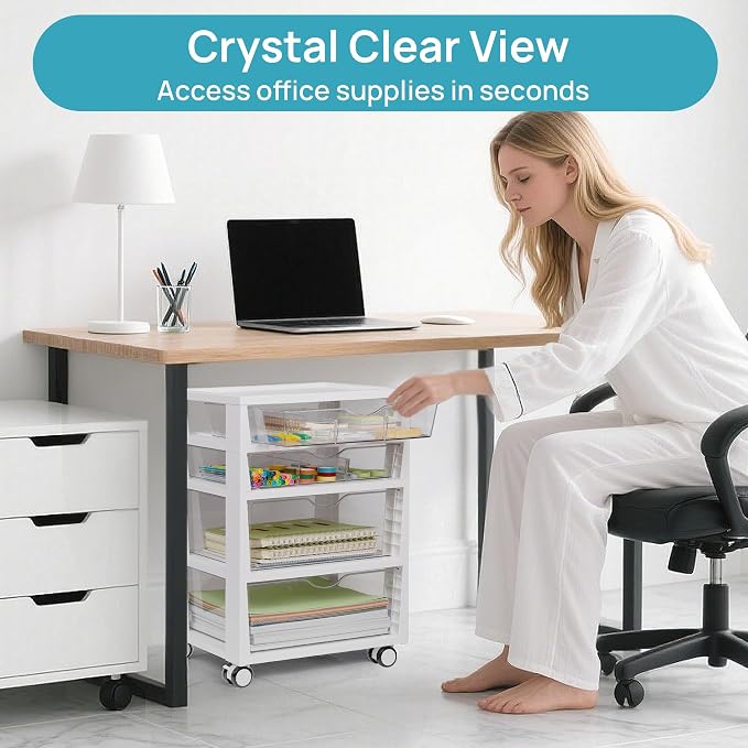 Vtopmart 4-Tier Plastic Drawer Storage Rolling Cart with Wheels | Clear Drawers, Multiple Size Storage, Visible Organization, Sturdy Design, Under Desk, Office, Makeup, Crafts & Art Storage