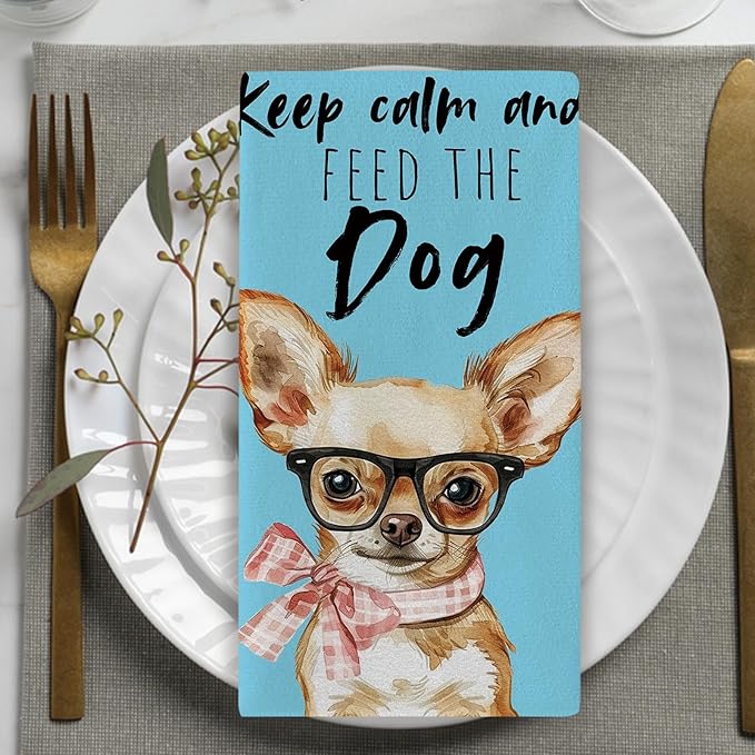 Funny Chihuahua Kitchen Dish Towels Set of 2, Blue Life is Better with a Dog Bow Drying Hand Towel Baking Cooking Cloth, Pet Dog Owner Lover Gifts Bathroom Home Decoration 18'' x 26''