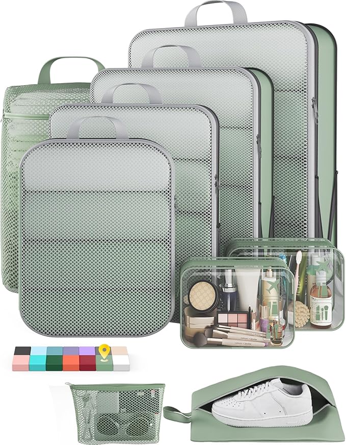 Veken 9/11 Set Compression Packing Cubes Garment Bags for Travel Essentials,Compressible Expandable Luggage Organizer Bags for Clothing,Space Saver Bags with Over 1000 pcs of Mesh Holes(Matcha Green)