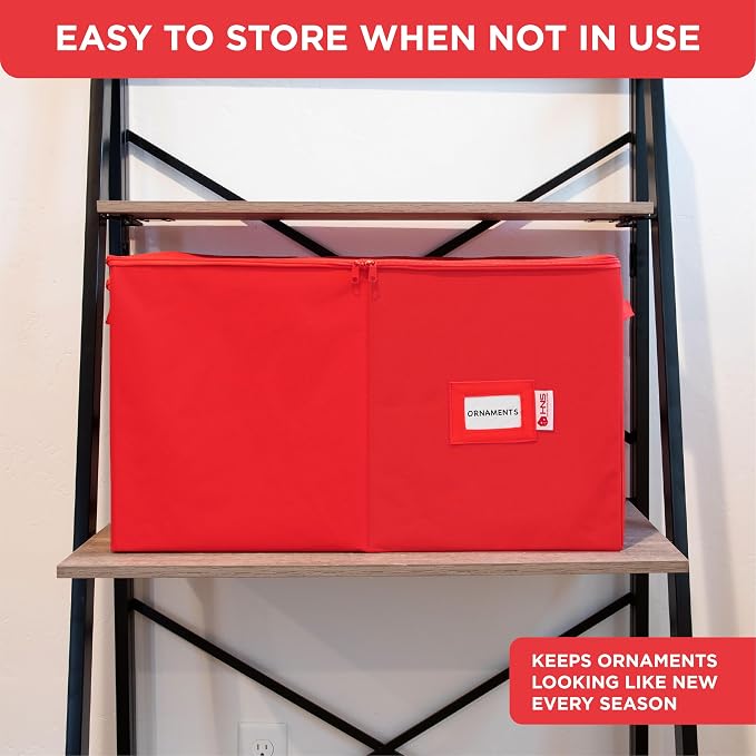 Christmas Ornament Storage Container with Dividers - Box Stores Up to 96 Ornaments, Zippered, Convenient, Adjustable, Large Organizer Bin to Protect Holiday Décor, Fits Most Standard Size, Red
