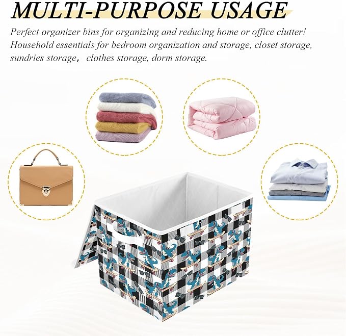 Dino Scooter Fabric Storage Bins with Lid Closet Storage Basket 40L | Decorative Storage Boxes, Dust-Proof Flip Top, Reinforced Handles, For Home & Bedroom, Clothes & Toy Box, Dino Fabric Print