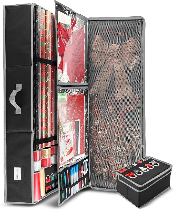 Hearth & Harbor Wrapping Paper Storage Container with Ribbon Storage Organizer - Christmas Storage Bag with Extra Interior Pockets - Gift Wrapping Organizer Storage Fits Up to 26 Rolls of 40" Length
