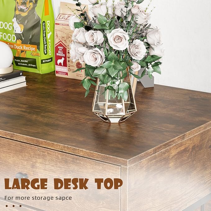 LEMBERI 44 Inch Large Wooden Dog Crate Furniture with 2 Storage Drawers, Decorative End Table Style Indoor Pet House for Dogs, Brown