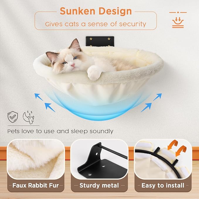 Cat Hammock Wall Mounted, Foldable & Stable Cat Beds- Breathable Cats Wall Shelves for Sleeping, Playing, Climbing, and Lounging - Maximum Hold Up to 30lb（Gray+Cream,Faux Rabbit Fur） | Foldable & Stable Cat Beds- Breathable Cats Wall Shelves for Sleepi...