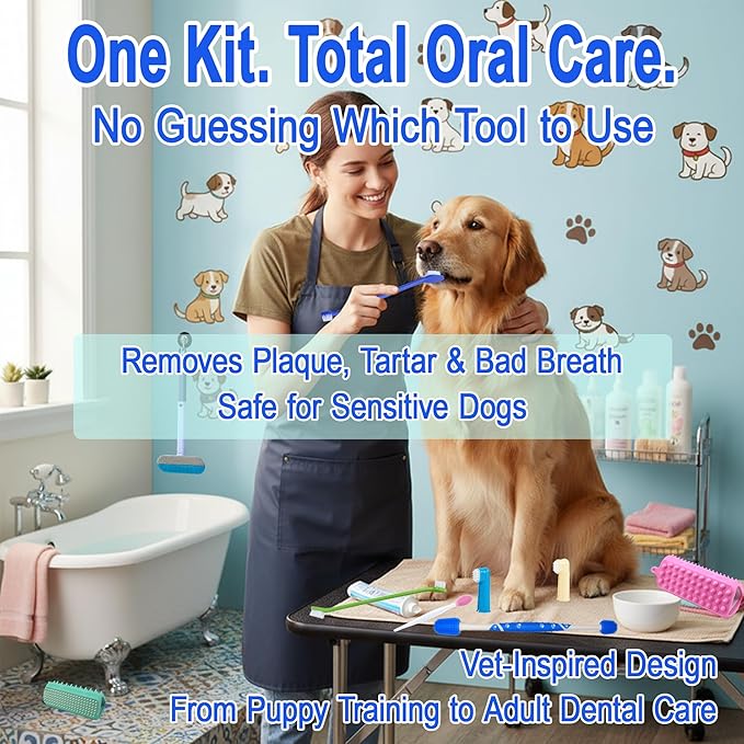 9-Piece Dog Tooth Brushing Kit, Pet Dental Hygiene & Grooming Set for Dogs and Cats, Includes Dual-Head Toothbrush, Finger Brushes, Tongue Scraper and Tear-Stain Grooming Brush
