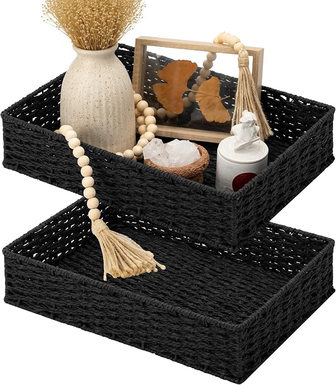 StorageWorks Large Toilet Paper Basket, Wicker Woven Trays for Decor, Black | Bathroom Vanity Tray for Countertop, Entryway, Shallow Bathroom Baskets, Wicker Storage Baskets for Shelves, Bedroom, 2 Pack