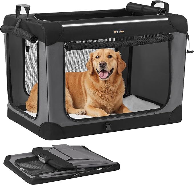 Feandrea Collapsible Dog Crate, Portable Travel Crate, 36-Inch | Oxford Fabric Pet Carrier with 4 Mesh Doors, Handles, Storage Pocket, Water Bottle Holder, UPDC019B01