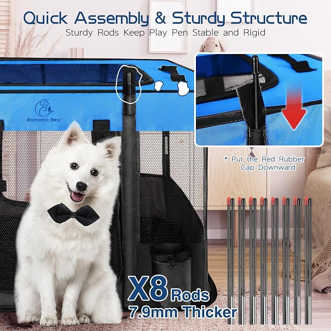 ROMANTIC BEAR Dog Playpen,Foldable Pet Puppy Cat Playpen,M(32"x24"x22") | Dog Crate with Upgrade Breathable Mesh and Durable 600D Oxford Cloth,Sturdy Dog Cage Indoor & Outdoor for Small Animals,Blue