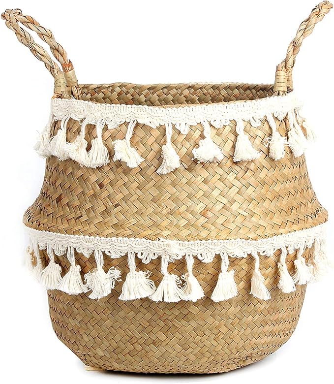 Tassel Macrame Woven Seagrass Belly Basket for Storage, Decoration, Laundry, Picnic, Plant Basin Cover, Groceries and Toy Storage (Medium, Tassel)