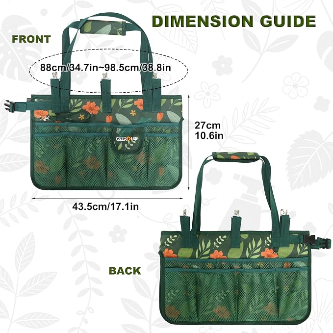 Bucket Tool Organizer - Multi-Purpose Garden Tool Caddy Fits 3.5 to 5 Gallon Buckets - Heavy Duty 600D Tool Bag Pouch with Mesh Pockets for Car Wash, Fishing, Construction (Green Flower)