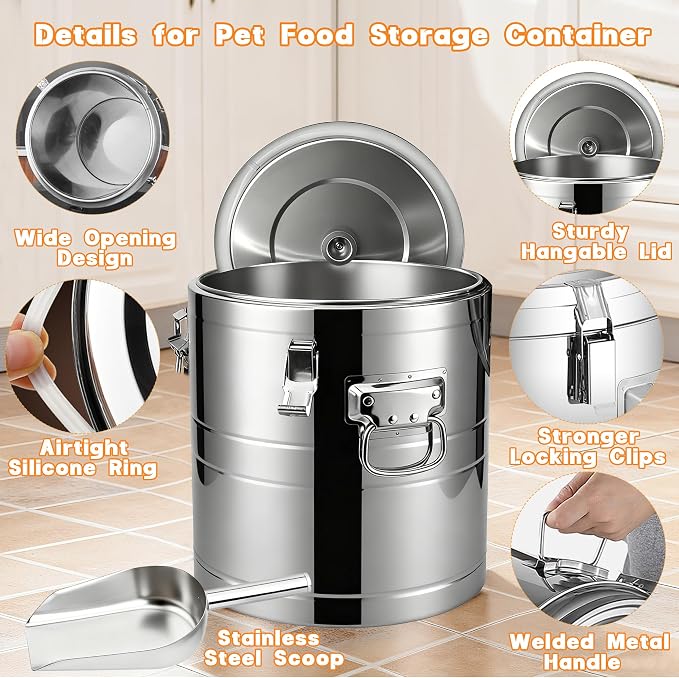 40lb Dog Food Storage Container, Airtight Stainless Steel | Extra Large Capacity, Rust-Proof, Moisture-Proof, Deters Pets from Opening & Stealing Food, Easy to Clean, Keeps Food Crispy
