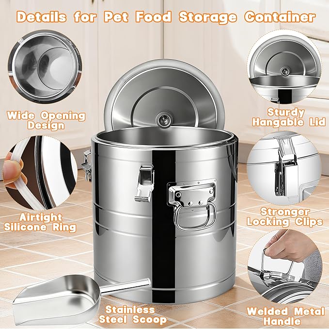 UPSKYPET35lb Dog Food Storage Container, Airtight Stainless Steel | Extra Large Capacity, Rust-Proof, Moisture-Proof, Deters Pets from Opening & Stealing Food, Easy to Clean, Keeps Food Crispy