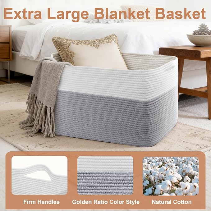 75L Large Blanket Storage Basket with Handles - White & Gray | Extra-large blanket baskets. Soft cotton, foldable, washable.Holds blankets, pillows for living room, bedroom, dorm.