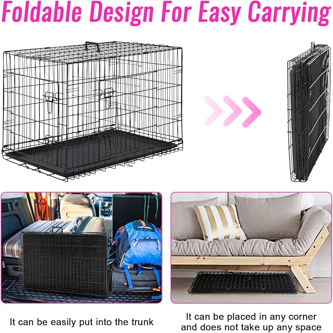 FDW | 48" Foldable Metal Dog Crate | Black | Cage for XL Dogs | Heavy Duty, Portable Wire Kennel with Double Door, Divider & Leak-Proof Tray | For Training, Home, Travel Indoor/Outdoor Use