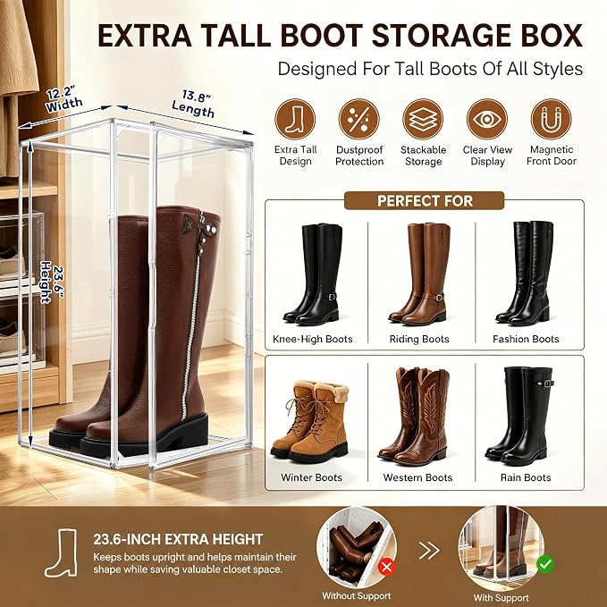 Boot Organizer for Extra Tall Boots, 23.6'' Stackable Acrylic Display Case | Clear magnetic door.Keep tall boots upright.Ideal for knee-high and riding boots,fashion boots,tall collectible,1 Pack