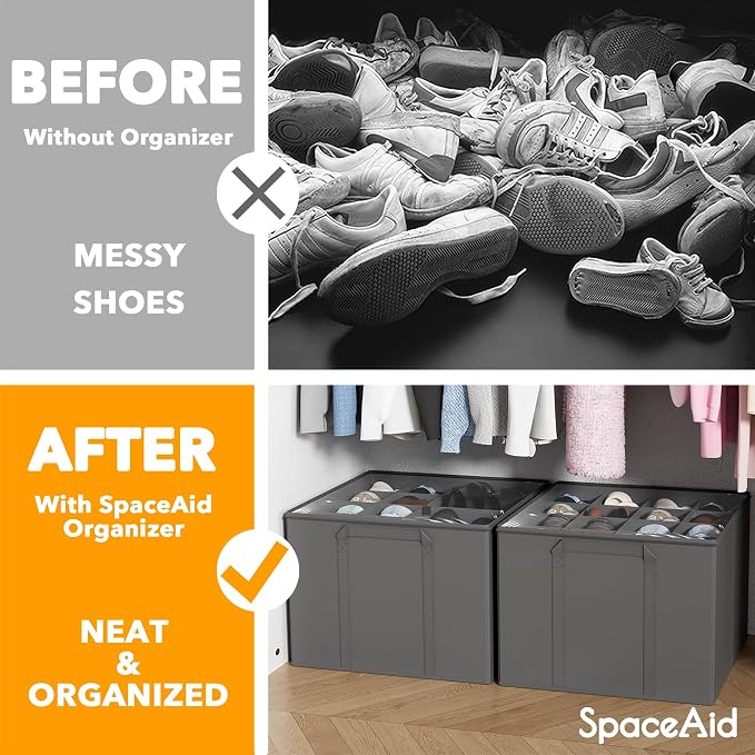SpaceAid Shoe Organizer for Closet, 2 Pack Foldable Shoe Storage Containers Baskets Boxes Bins w/Adjustable Dividers, Fits 16-32 Pairs, Grey
