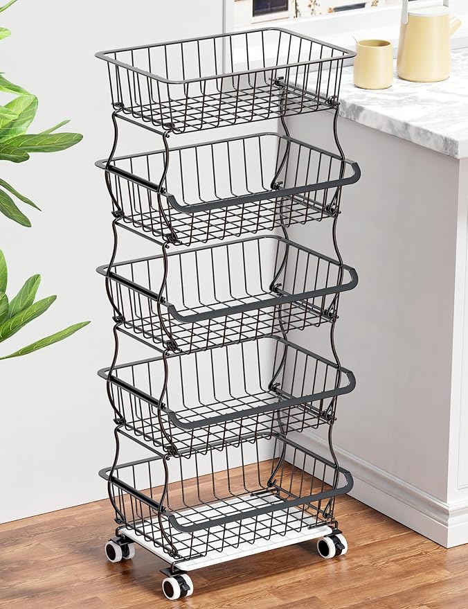 OKZEST 5 Tier Fruit Basket for Kitchen, Stackable Bins Wire Rack with Wheels, Fruit and Vegetable Storage Basket Pantry Food Snack Organizer Shelf, Kitchen Storage Cart for Onion and Potato, Produce | Kitchen pantry organizer rack with dirt catch tray,...