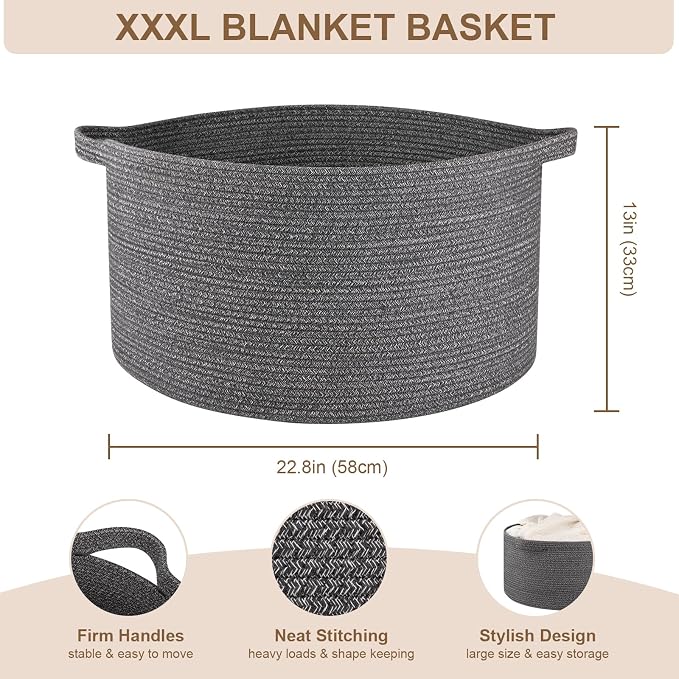 OIASKET Large Woven Baskets for Storage, 22.8" x 22.8" x 13" Blanket Storage Living Room, Baby Toy Basket for Clothes, Pillows, Towels, Shoe Basket for Entryway (Dark Grey)