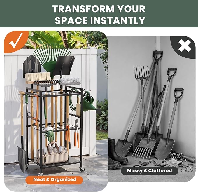 SPACECARE Garden Tool Organizer with Wheels, Up to 35 Long-Handled Tools | Yard Tower Rack for Garage Organization and Storage, Heavy Duty Steel Garden Tool Stand for Shed, Outdoor (Rakes/Brooms)
