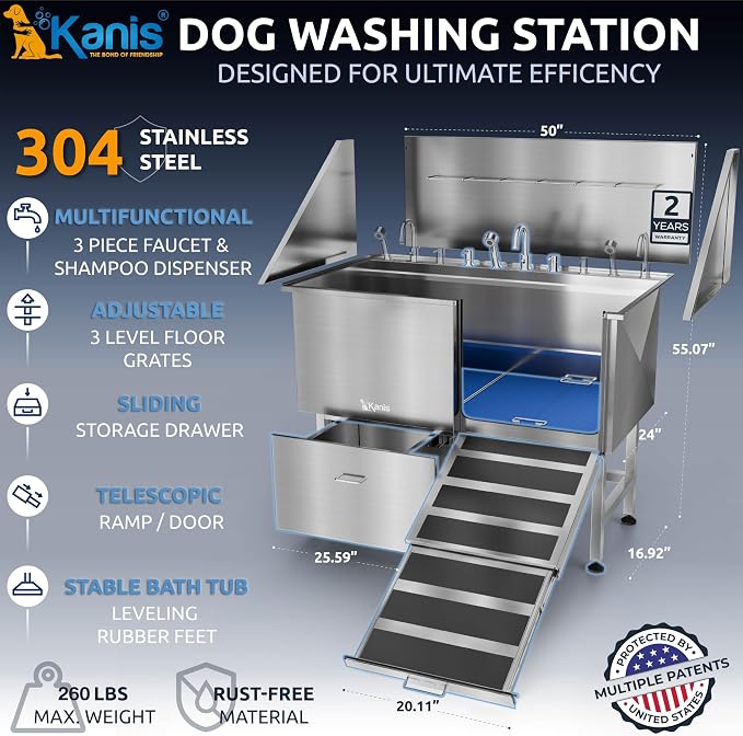 Professional Dog Washing Station 304 Stainless Steel Pet Wash Sink | Grooming Bathtub w/Shower, Floor Grates and Storage for Large, Medium & Small Pets