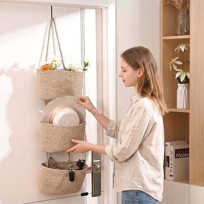 ICERZCZ Hanging Baskets for Organizing, Over the Door Decorative Storage Organizer, Nursery Decor Organization, 3-Tier Wall Basket for Entryway Playroom Bathroom Closet, Mixed Brown