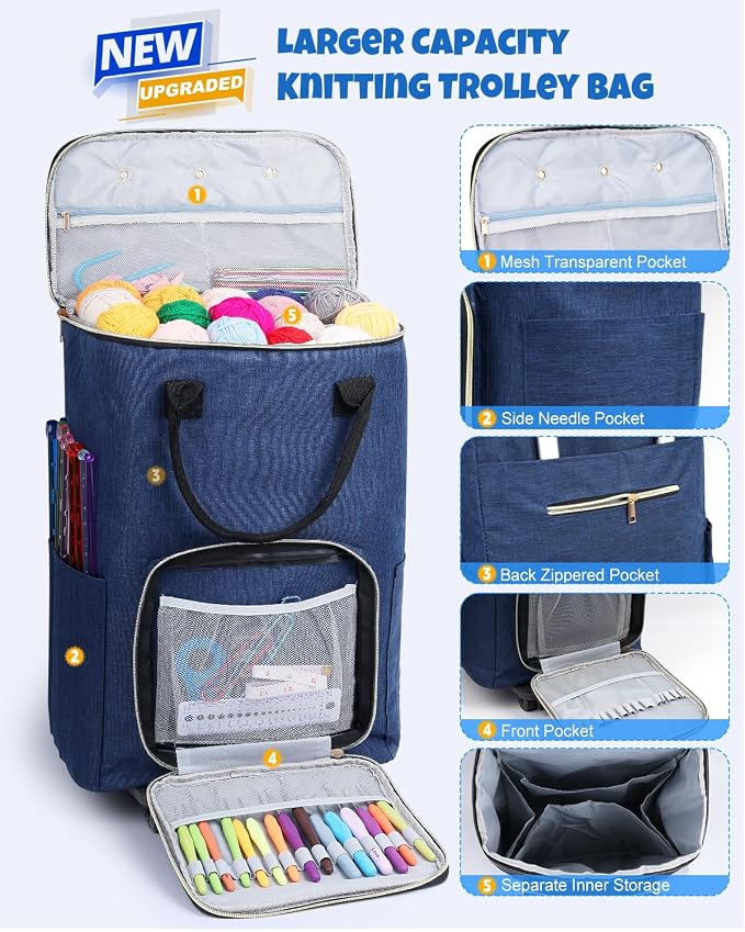 Coopay Portable Crochet Bag, Extra Large Yarn Storage for Crochet Accessories and Supplies, Yarn Bags with Wheels and Telescoping Handle, Durable Knitting Bag for Craft Enthusiasts