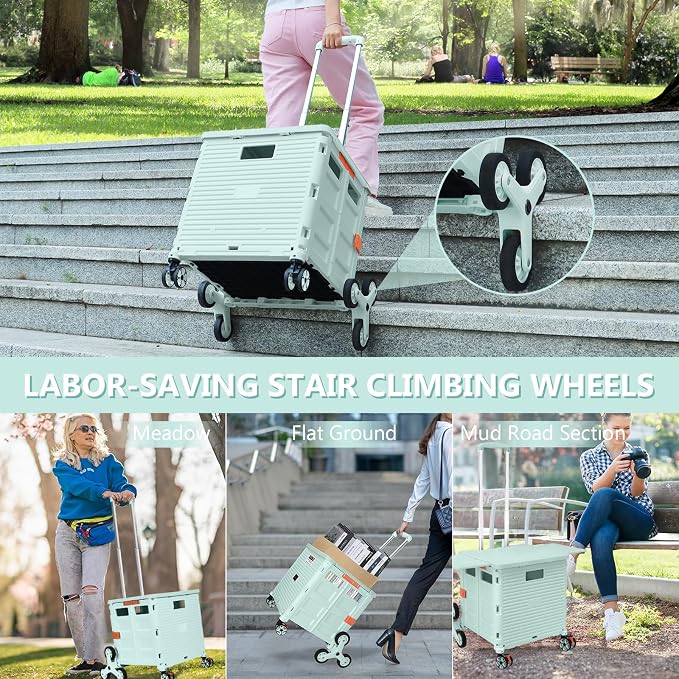 Foldable Utility Cart with Stair Climbing Wheels,Collapsible Rolling Crate with Magnetic Lid Telescopic Cover,Telescoping Handle,360° Rotate Wheel Hand Cart for Teacher Shopping Moving Grocery(Green)