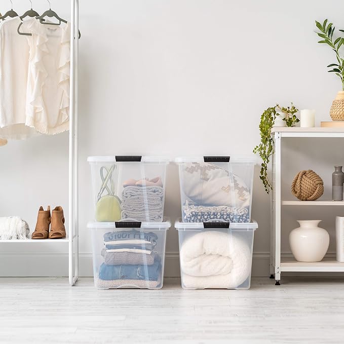 IRIS USA 6-Pack 72 Quart Storage Bins with Lids, Clear | Transparent design makes contents easy to find. Perfect for moving, blankets, clothing, and garage storage. Nestable design