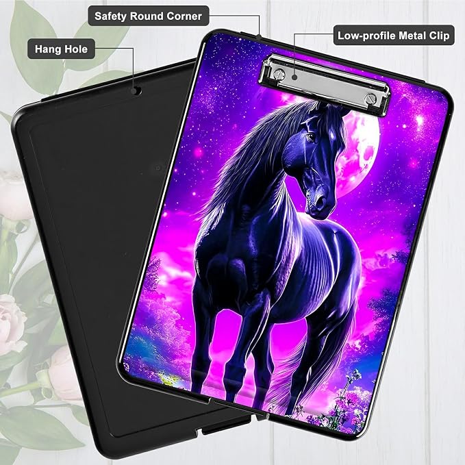 Heavy Duty Storage Clipboard, Slim Nursing Clipboard with Internal Pen Case, Portable File Organizer Case for A4 Letter Size Paper Office Medical Professionals, Purple Black Horse