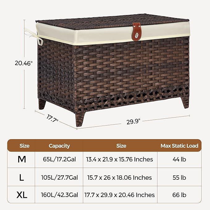 Wicker Storage Basket with Lid, 160L Shelf Basket with Removable Liner Bag | Rattan-Inspired Woven Design, Elevated Feet, Storage Trunk for Wardrobe, Bedroom & Home Organization