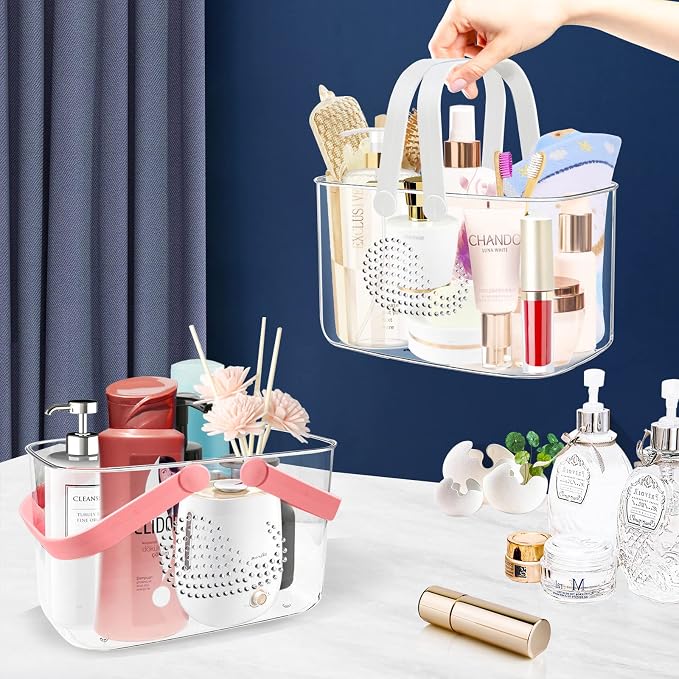 2 Pack Plastic Shower Caddy Basket for Bathroom (White+Pink) | Portable Shower Caddy Tote Storage Basket with Colorful Handles, Clear Toiletry Organizer Bin for Kitchen College Dorm