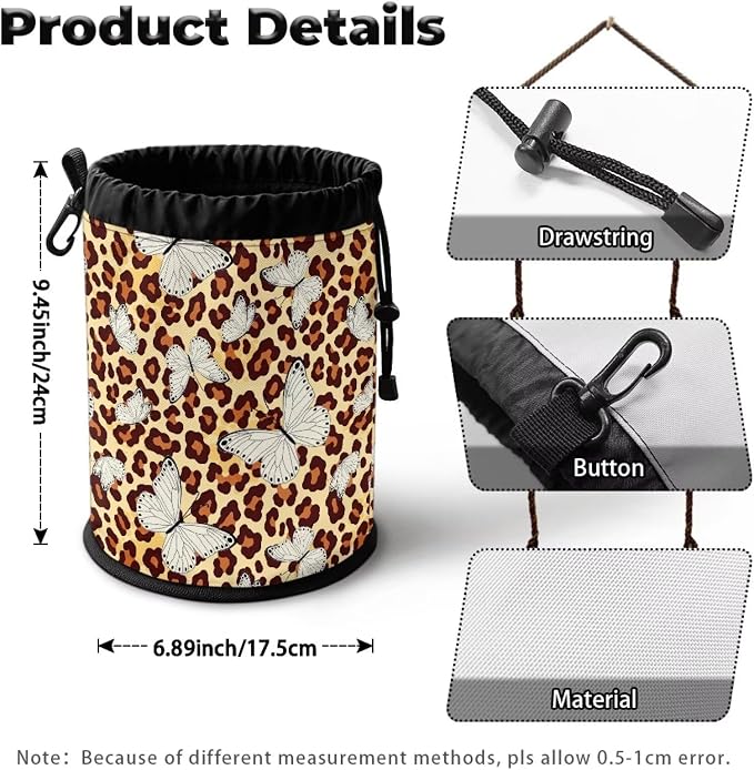 Drawstring Clothespin Organizer, Leopard Print Butterfly Portable Laundry Peg Bag with Hanging Grommet, Storage Pouch for Clips, Ideal for Drying Rack, Camping Gear, Home Use
