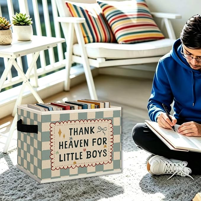 Boy Nursery Cube Storage Bins with Handles, Thank Heaven for Little Boys Blue Checkered Collapsible Fabric Storage Basket Boxes Books Clothes Organizer for Kids Boys Room Bedroom Bathroom
