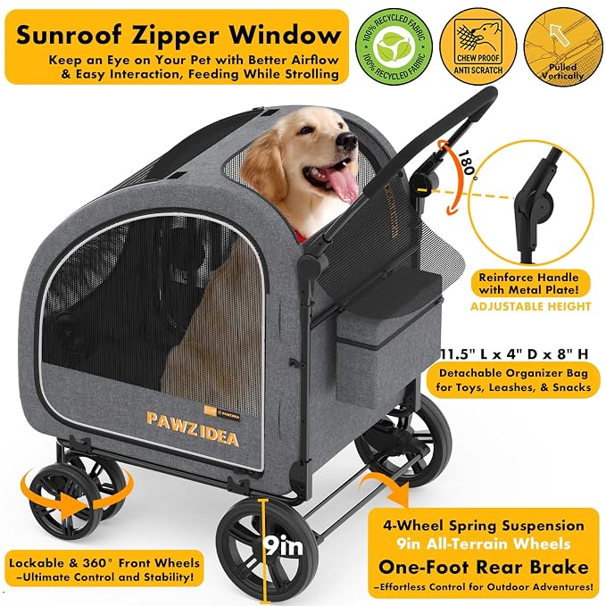 PAWZIDEA 3-in-1 Large Dog Stroller with Detachable Carrier, 45% Extra Tall | Dog Crate Car Travel for 2 Medium Dogs Sit Upright, Foldable Jogger Pet Stroller All-Terrain Up to 100lbs, Storage Organizer