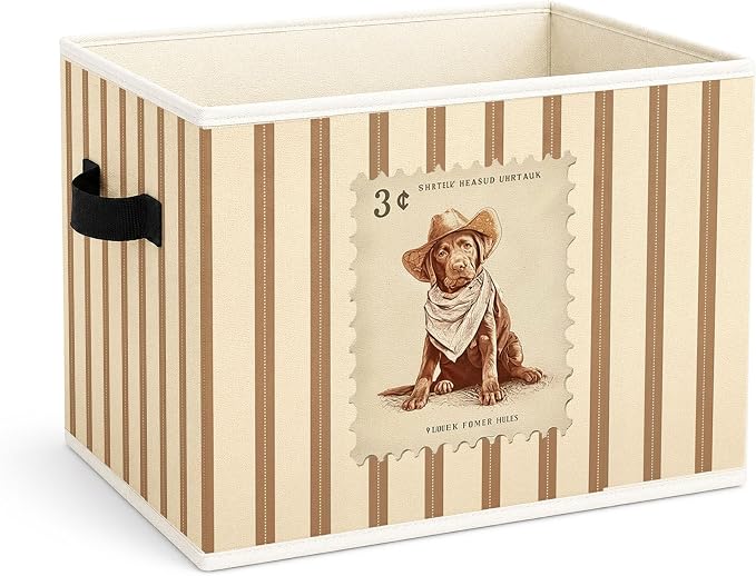 Western Cowboy Dog Stripe Foldable Fabric Storage Bin for Kids Room | Cute cowboy puppy stripe design; collapsible fabric bin for toys, books, clothes in kids room, nursery or playroom.