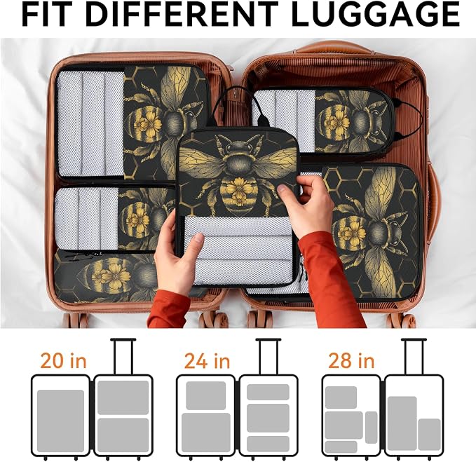TropicalLife Wildlife Bee 6 Set Compression Packing Cubes | Geometric Honeycomb Travel Accessories Expandable Packing Organizers Space Saver Bags for Organizing Clothes