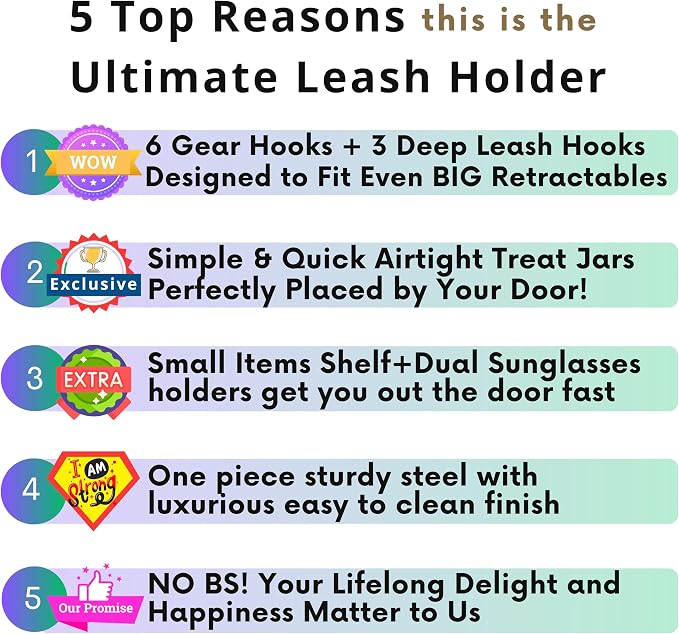 Dog Leash Holder for Wall with Shelf — Wall Mounted Dog Treat Holder & Station, 3 Large Airtight 32oz Treat Containers, 9 Hooks, Patented Lidless Slide-to-Seal Jars, Solid Steel, Made in USA
