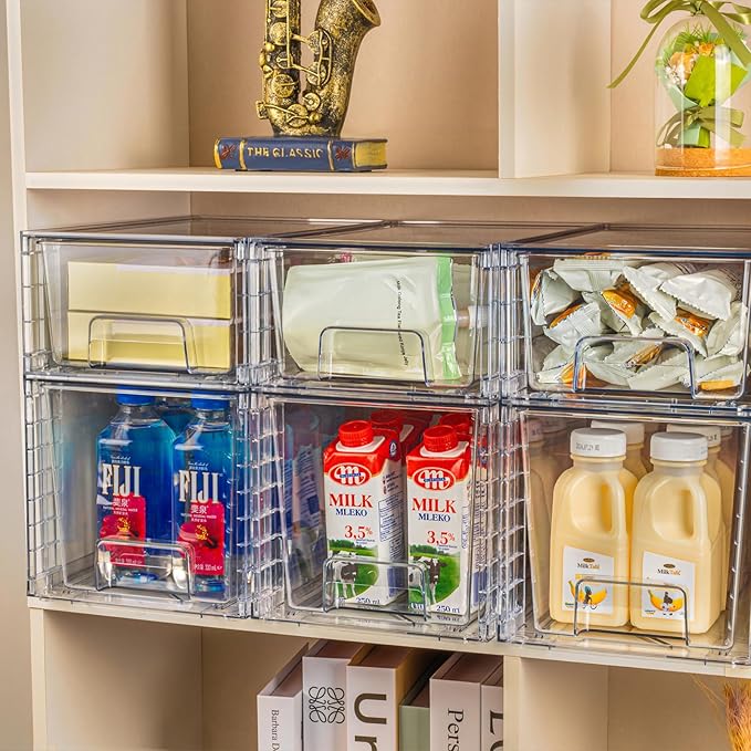4Pack Large Stackable Kitchen Storage Drawers Holder, Clear Foods Organizer Bins with Handles, Easily Assemble for Bathroom, Kitchen, Pantry, Cabinet, Closet